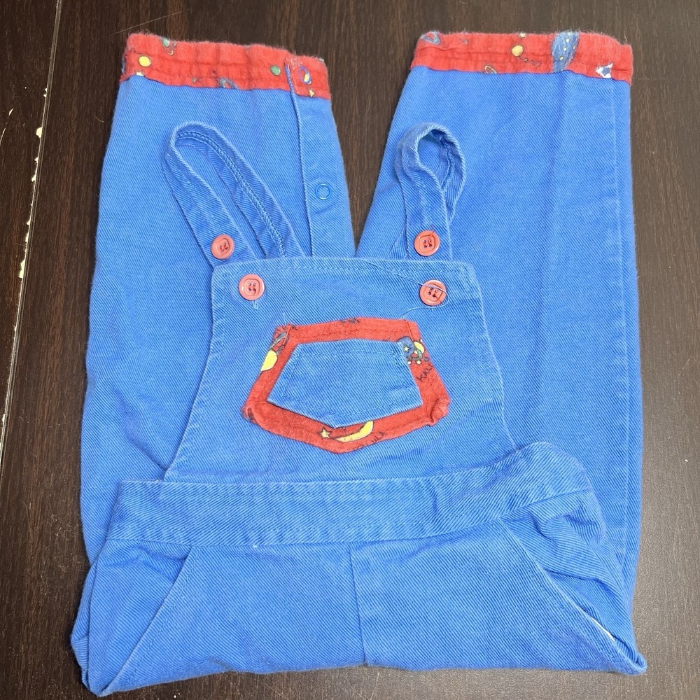 Vintage Kalula Kids Unisex 24M Blue Overalls Red Trim Hong Kong Adjustable Strap